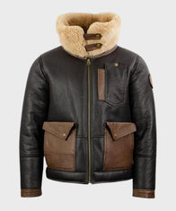 Mens Shearling Brown B3 Bomber Jacket Bomber Jacket men front product view | Dash Racegear — Black B3 Sheepskin Mens Bomber Jacket