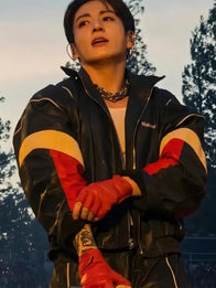 BTS World Tour Stanford Jungkook Nahmias Leather Jacket Leather Jacket unisex detail view 2 | Dash Racegear — Black leather jacket inspired by BTS Jungkook 2026 performance look with smooth and sharp appearance.