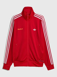 Adidas x Bad Bunny Madrid Firebird Track Jacket Jacket unisex front product view | Dash Racegear — Adidas x Bad Bunny DTmF Madrid Tour Merch Firebird Track Jacket with sporty retro style and smooth fabric feel.