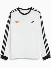 Adidas x Bad Bunny Barcelona Long-Sleeve T-Shirt Shirt unisex front product view | Dash Racegear — White long-sleeve T-shirt from Adidas x Bad Bunny Barcelona tour merch featuring relaxed fit and smooth fabric comfort.