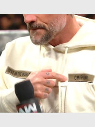 CM Punk Beige Hoodie Hoodie unisex detail view 5 | Dash Racegear — White WWE RAW 2025 Hoodie showcasing the Jey Uso vs. CM Punk Face-Off design from the Best In The World segment.