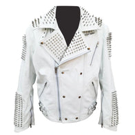 Jacob White Studded Leather Jacket Leather Jacket unisex front product view | Dash Racegear — Biker White Studded Leather Jacket