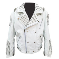 Jacob White Studded Leather Jacket Leather Jacket unisex front product view | Dash Racegear — Biker White Studded Leather Jacket