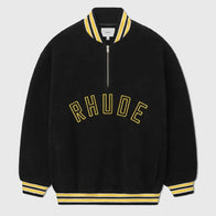 Rhude Quarter-Zip Pullover Varsity Jacket Varsity Jacket unisex detail view 2 | Dash Racegear — Front shot of Rhude 2025 quarter-zip varsity pullover in black and yellow.