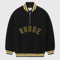 Rhude Quarter-Zip Pullover Varsity Jacket Varsity Jacket unisex detail view 2 | Dash Racegear — Front shot of Rhude 2025 quarter-zip varsity pullover in black and yellow.