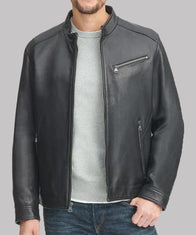 Mens Black Leather Stand-up Collar Jacket Jacket men front product view | Dash Racegear — Men's Black Leather Stand-up Collar Jacket