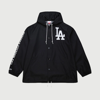 Black Dodgers Coaches Hooded Windbreaker Jacket Jacket unisex front product view | Dash Racegear — This Dodgers black windbreaker hoodie brings sport utility to everyday style.