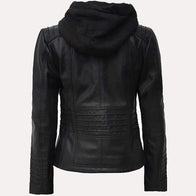 Womens Black Hooded Leather Jacket Leather Jacket women detail view 3 | Dash Racegear — Womens Black Hooded Leather Jacket