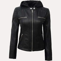 Womens Black Hooded Leather Jacket Leather Jacket women front product view | Dash Racegear — Womens Black Hooded Leather Jacket