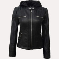 Womens Black Hooded Leather Jacket Leather Jacket women front product view | Dash Racegear — Womens Black Hooded Leather Jacket