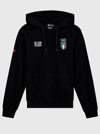 Winter Olympics 2026 Team Italy EA7 Emporio Armani Hoodie Hoodie unisex front product view | Dash Racegear — Black EA7 Emporio Armani Milano Cortina 2026 Winter Olympics Team Italy Fleece Pullover Hoodie, warm pullover designed for fans and athletes.