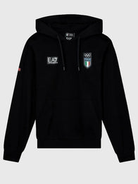 Winter Olympics 2026 Team Italy EA7 Emporio Armani Hoodie Hoodie unisex front product view | Dash Racegear — Black EA7 Emporio Armani Milano Cortina 2026 Winter Olympics Team Italy Fleece Pullover Hoodie, warm pullover designed for fans and athletes.