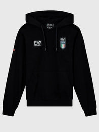 Winter Olympics 2026 Team Italy EA7 Emporio Armani Hoodie Hoodie unisex front product view | Dash Racegear — Black EA7 Emporio Armani Milano Cortina 2026 Winter Olympics Team Italy Fleece Pullover Hoodie, warm pullover designed for fans and athletes.