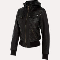 Womens Black Leather Hooded Bomber Jacket Bomber Jacket women detail view 3 | Dash Racegear — Womens Black Leather Hooded Bomber Jacket