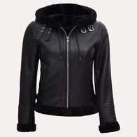Womens Black Leather Hooded Shearling Jacket Leather Jacket women front product view | Dash Racegear — Black Shearling Leather Jacket with Hood