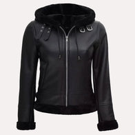 Womens Black Leather Hooded Shearling Jacket Leather Jacket women front product view | Dash Racegear — Black Shearling Leather Jacket with Hood