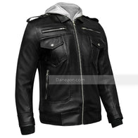 Mens Black Leather Jacket with Grey Hood Leather Jacket men detail view 2 | Dash Racegear — grey hood leather jacket mens
