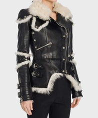 Womens Black Leather Shearling Biker Jacket Biker Jacket women detail view 2 | Dash Racegear — Womens Black Leather Shearling Jacket