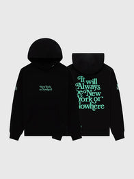 Liberty Motto Hoodie Hoodie unisex front product view | Dash Racegear — New York or Nowhere Liberty Motto Black Fleece Pullover Hoodie with a relaxed unisex fit and cozy comfort.