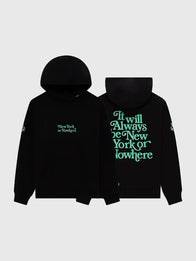 Liberty Motto Hoodie Hoodie unisex front product view | Dash Racegear — New York or Nowhere Liberty Motto Black Fleece Pullover Hoodie with a relaxed unisex fit and cozy comfort.