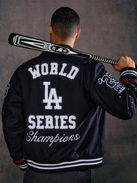 Los Angeles Dodgers Joshua Vides x Fanatics World Series Champions Varsity Jacket Varsity Jacket unisex detail view 2 | Dash Racegear — Dodgers Joshua Vides Fanatics Black Champions Varsity Jacket