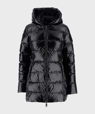 Black Mid-Length Puffer Coat Coat unisex front product view | Dash Racegear — Black Hooded Puffer Coat