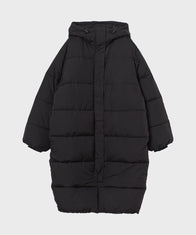 Black Mid-Length Puffer Hooded Coat Coat unisex front product view | Dash Racegear — Mid-Length Hooded Black Puffer Coat