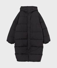 Black Mid-Length Puffer Hooded Coat Coat unisex front product view | Dash Racegear — Mid-Length Hooded Black Puffer Coat