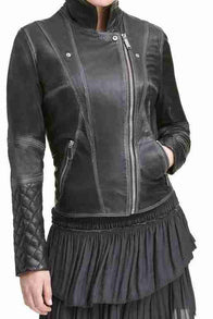Womens Asymmetrical Style Black Quilted Motorcycle Jacket Biker Jacket women detail view 2 | Dash Racegear — Black Quilted Womens Asymmetrical Style Motorcycle Jacket