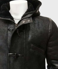 Mens Black Sheepskin Duffle Coat Jacket men detail view 2 | Dash Racegear — Mens Black Hooded Duffle Coat