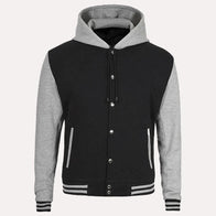 Mens Black and Gray Varsity Jacket Varsity Jacket men front product view | Dash Racegear — Black and Gray Varsity Jacket With Hood