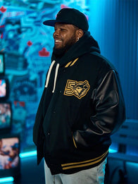 Roots Blue Jays 50th Anniversary Varsity Jacket Varsity Jacket unisex front product view | Dash Racegear — Roots Toronto Blue Jays 50th Anniversary black varsity jacket, perfect for fans and streetwear style.