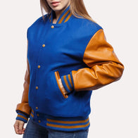 Womens Blue and Gold Leather Sleeves Varsity Jacket Varsity Jacket women detail view 2 | Dash Racegear — Blue and Gold Leather Sleeves Varsity Jacket
