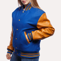 Womens Blue and Gold Leather Sleeves Varsity Jacket Varsity Jacket women detail view 2 | Dash Racegear — Blue and Gold Leather Sleeves Varsity Jacket