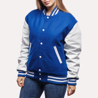 Womens Blue and White Leather Sleeves Varsity Jacket Varsity Jacket women front product view | Dash Racegear — Blue and White Wool and Leather Sleeves Varsity Jacket