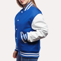 Womens Blue and White Leather Sleeves Varsity Jacket Varsity Jacket women detail view 2 | Dash Racegear — Blue and White Leather Sleeves Varsity Jacket