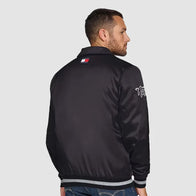 Brooklyn Nets Stitch Applique Satin Jacket Black Jacket unisex detail view 2 | Dash Racegear — Black Satin Varsity Jacket – Brooklyn Nets Appliqué Design