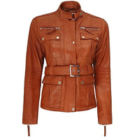 Women Brown Belted Leather Jacket Leather Jacket women front product view | Dash Racegear — Women Brown Belted Leather Jacket