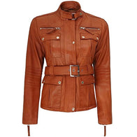 Women Brown Belted Leather Jacket Leather Jacket women front product view | Dash Racegear — Women Brown Belted Leather Jacket