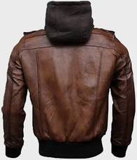 Mens Brown Hooded Bomber Leather Jacket Bomber Jacket men detail view 2 | Dash Racegear — Brown Hooded Bomber Leather Jacket Mens