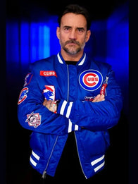 CM Punk Chicago Cubs Blue Jacket Jacket unisex front product view | Dash Racegear — Best in the World Second City Saint CM Punk Blue Satin Jacket with a sleek finish and timeless wrestling-inspired style.