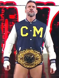 CM Punk Steiner Bros Varsity Jacket Varsity Jacket unisex front product view | Dash Racegear — WWE CM Punk inspired Steiner Bros University of Michigan varsity jacket with classic collegiate design