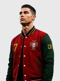 Ronaldo Portugal Varsity Jacket Varsity Jacket unisex front product view | Dash Racegear — Cristiano Ronaldo CR7 Portugal Red and Green Varsity Jacket with a bold athletic design and timeless football-inspired style.