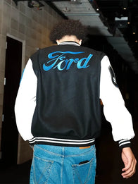 Cade Cunningham Ford Jacket Jacket unisex detail view 3 | Dash Racegear — Custom Ford varsity jacket Cade Cunningham edition, black & white colorway, premium wool body, leather sleeves for standout wear.