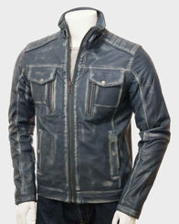 Café Racer Mens Blue Waxed Jacket Jacket men front product view | Dash Racegear — Mens Café Racer Blue Waxed Leather Jacket