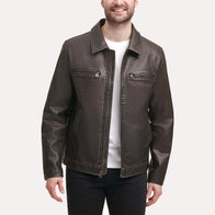Joseph Dark Brown Faux Leather Jacket Leather Jacket unisex front product view | Dash Racegear — Dark Brown Faux Leather Cafe Racer Jacket
