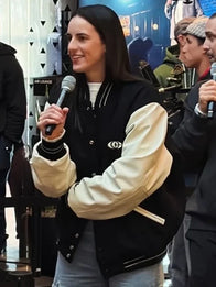 Caitlin Clark x Nike Varsity Jacket Varsity Jacket unisex front product view | Dash Racegear — Caitlin Clark Logo Varsity Jacket by Nike, black & cream with bold logo, perfect for casual or game-day style.