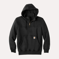 Carhartt Paxton Heavyweight Hoodie Hoodie unisex front product view | Dash Racegear — Front view of the Carhartt Defender Paxton Heavyweight Hooded Zip Mock Hoodie in black, featuring a fleece build and a durable half-zip design.