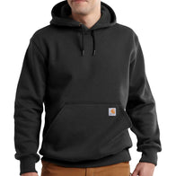 Carhartt Loose Fit Black Hoodie Hoodie unisex front product view | Dash Racegear — Front view of the Carhartt Heavyweight Loose Fit Black Pullover Fleece Hoodie, showcasing its durable and relaxed design with brand logo at the top corner of the kangaroo…