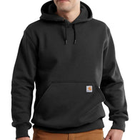 Carhartt Loose Fit Black Hoodie Hoodie unisex front product view | Dash Racegear — Front view of the Carhartt Heavyweight Loose Fit Black Pullover Fleece Hoodie, showcasing its durable and relaxed design with brand logo at the top corner of the kangaroo…